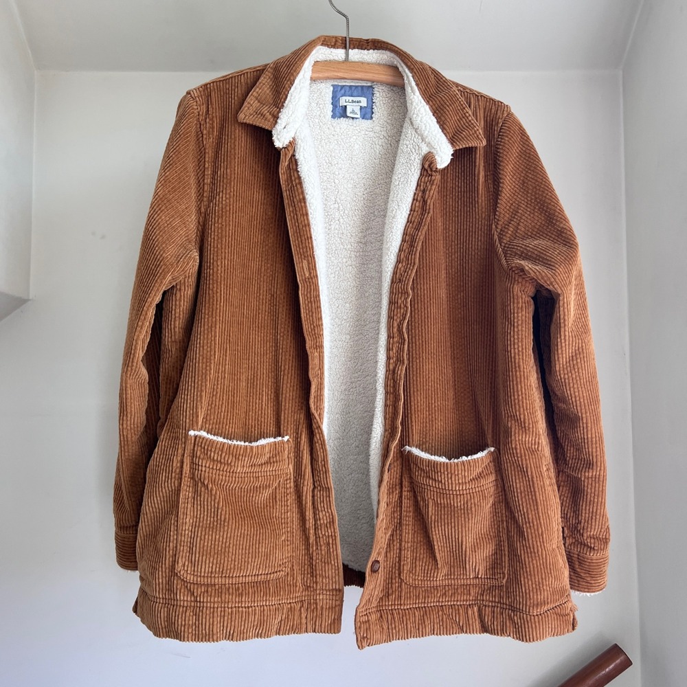L.L. Bean Corduroy Shirt Jacket Size Large Brown Sherpa Lined Chore Coat Shacket